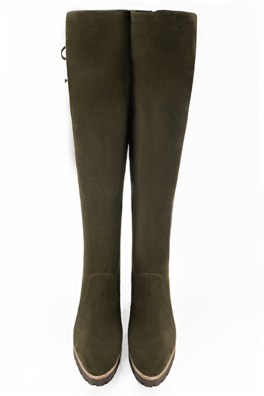 Khaki green women's leather thigh-high boots. Round toe. Low rubber soles. Made to measure. Top view - Florence KOOIJMAN